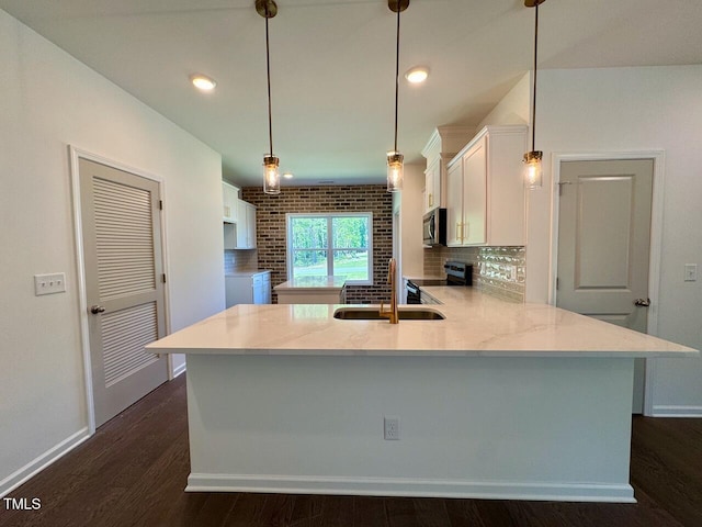 19 Covey Rise Way, Lillington, NC 27546 - kitchen with stainless steel appliances, white cabinets, tasteful backsplash, dark wood-style flooring, and a peninsula