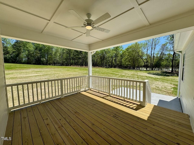 19 Covey Rise Way, Lillington, NC 27546 - wooden deck featuring a ceiling fan, a lawn, and view of scattered trees