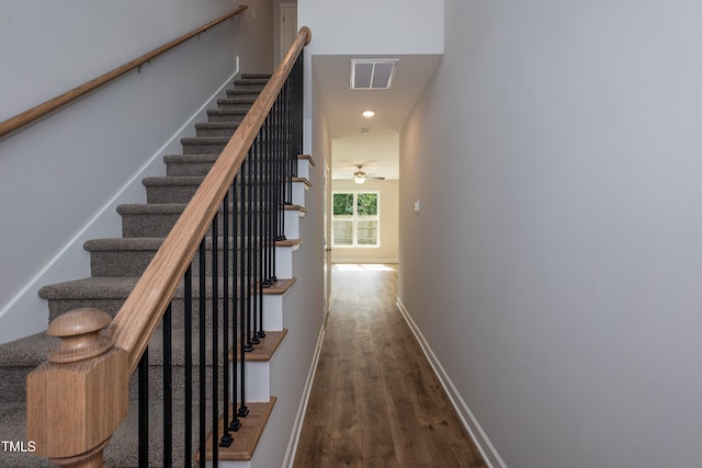 stairway featuring hardwood / wood-style flooring and ceiling fan