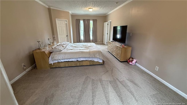 bedroom with baseboards, ornamental molding, carpet, and a textured ceiling