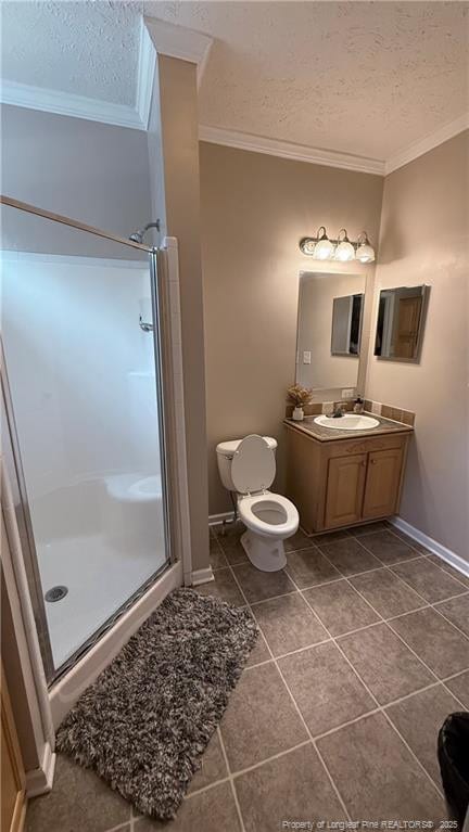 bathroom featuring baseboards, ornamental molding, tile patterned floors, and a shower stall