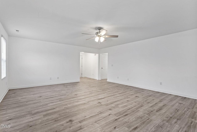 spare room featuring ceiling fan and light hardwood / wood-style flooring