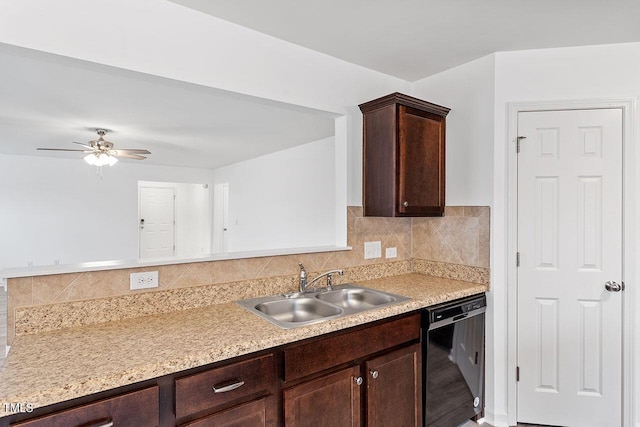 kitchen with tasteful backsplash, dark brown cabinetry, ceiling fan, sink, and black dishwasher