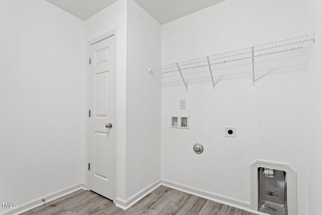 clothes washing area with hookup for an electric dryer, hardwood / wood-style flooring, and washer hookup