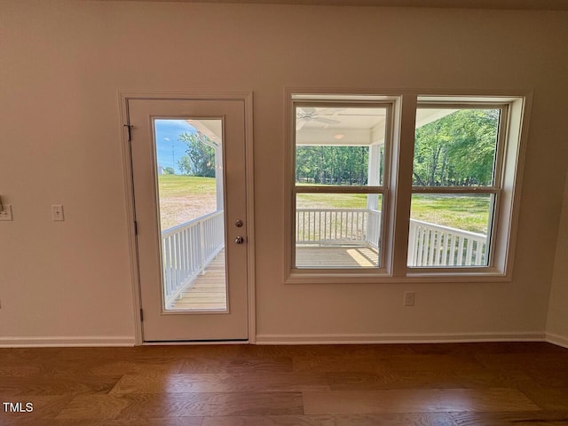 45 Covey Rise Way, Lillington, NC 27546 - doorway to outside featuring healthy amount of natural light and wood finished floors