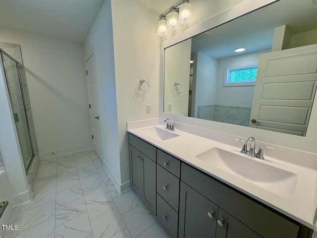 262 Grand Griffon Way, Lillington, NC 27546 - full bath featuring marble look tiles, double vanity, and a shower stall
