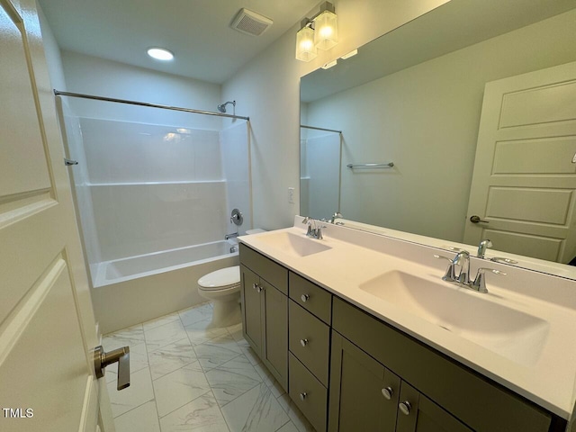 262 Grand Griffon Way, Lillington, NC 27546 - bathroom with washtub / shower combination, double vanity, marble look tile flooring, and recessed lighting
