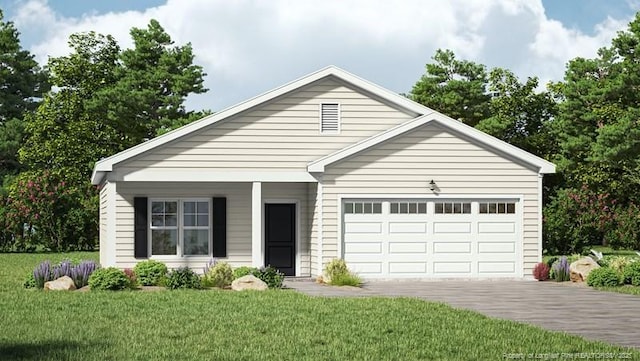 view of front facade featuring driveway, a front lawn, and an attached garage