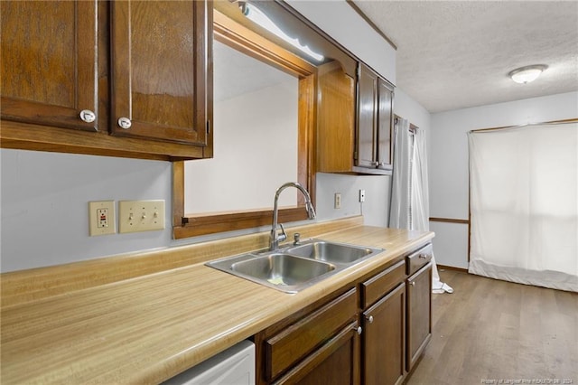 kitchen featuring wood-type flooring, a textured ceiling, and sink