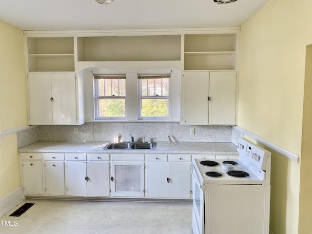 kitchen with white cabinetry, white range with electric stovetop, and sink