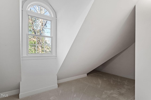 stairs with carpet flooring and vaulted ceiling