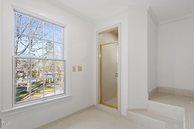 bathroom featuring tile patterned floors, an enclosed shower, and ornamental molding