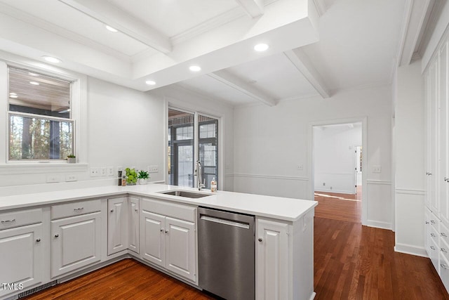 kitchen with sink, dark wood-type flooring, beamed ceiling, stainless steel dishwasher, and kitchen peninsula