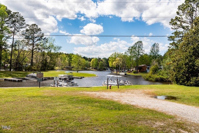 view of community featuring a yard and a water view