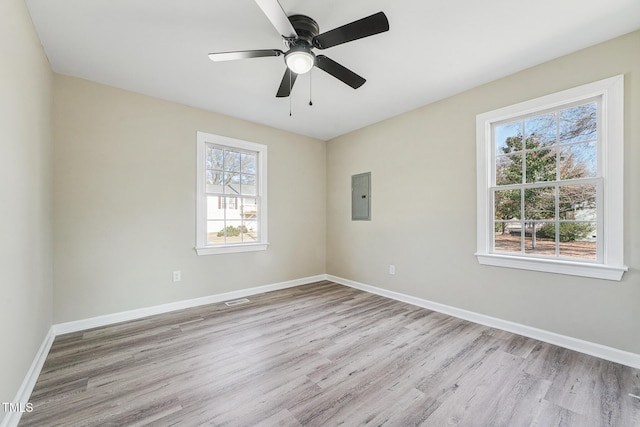 spare room with electric panel, ceiling fan, a wealth of natural light, and light hardwood / wood-style flooring