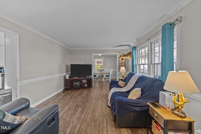 living room with crown molding and hardwood / wood-style floors