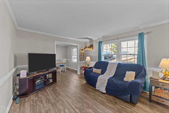 living room featuring crown molding and hardwood / wood-style floors