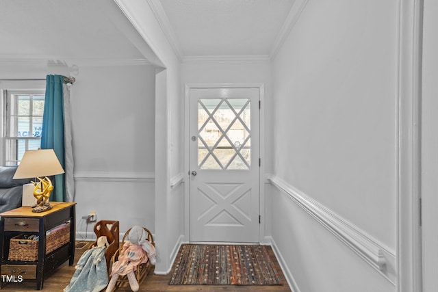 doorway to outside with hardwood / wood-style flooring and ornamental molding