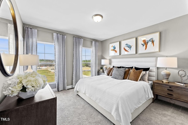 bedroom with light colored carpet