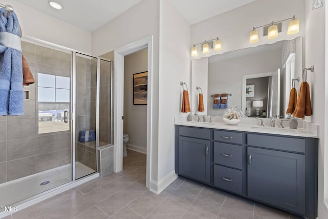 bathroom with toilet, tile patterned flooring, vanity, and walk in shower