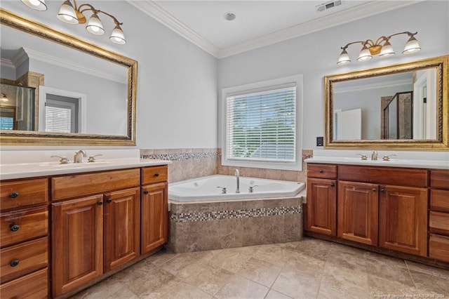 bathroom with tile patterned flooring, vanity, separate shower and tub, and crown molding