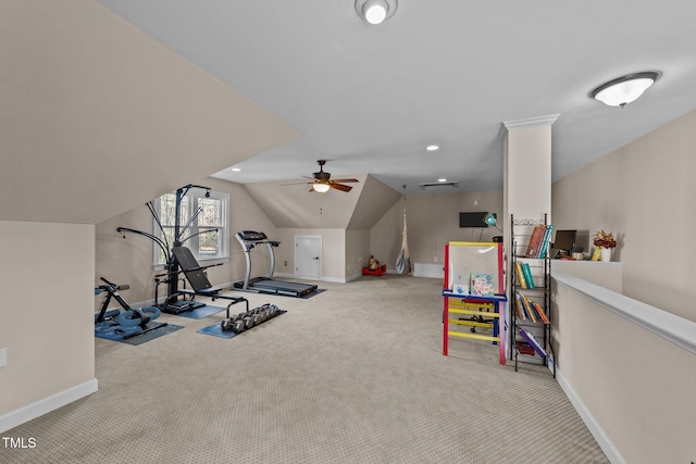 playroom featuring vaulted ceiling, ceiling fan, and light carpet