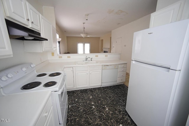 kitchen featuring kitchen peninsula, white cabinetry, white appliances, and sink