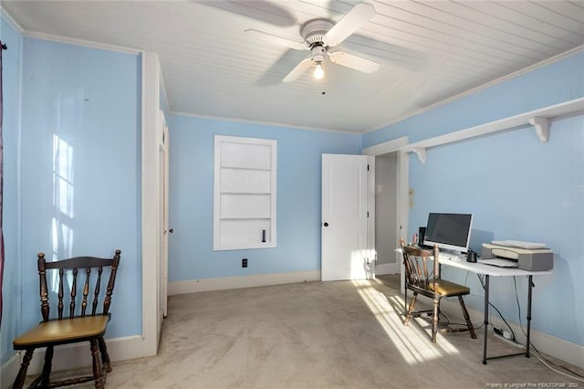 office with ceiling fan, light colored carpet, and ornamental molding