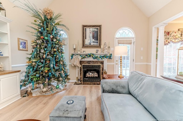 sitting room featuring plenty of natural light, light hardwood / wood-style floors, a high end fireplace, and built in shelves