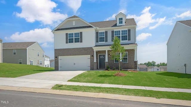 273 Hanging Elm Ln, Fuquay Varina, NC 27526 - craftsman house featuring brick siding, a garage, a front yard, and concrete driveway