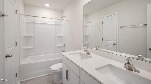 full bathroom with tile patterned floors, vanity, toilet, and bathtub / shower combination