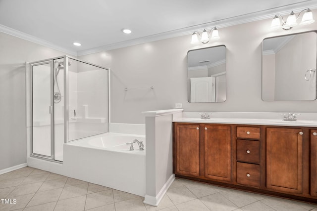 bathroom with separate shower and tub, tile patterned flooring, vanity, and ornamental molding