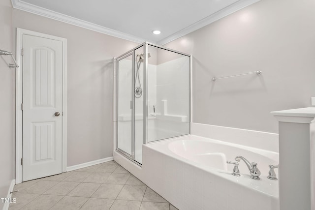 bathroom with tile patterned floors, ornamental molding, and shower with separate bathtub