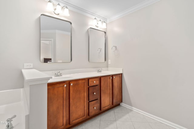 bathroom with crown molding, tile patterned flooring, and vanity