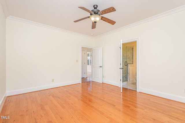 unfurnished room with ceiling fan, light hardwood / wood-style floors, and ornamental molding