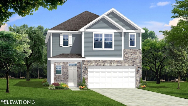 view of front facade featuring a front lawn and a garage