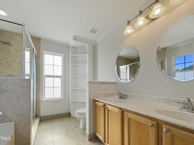 bathroom featuring vanity, tile patterned flooring, toilet, ornamental molding, and a shower with shower door