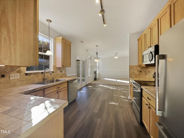 kitchen with decorative backsplash, hanging light fixtures, stainless steel appliances, and sink