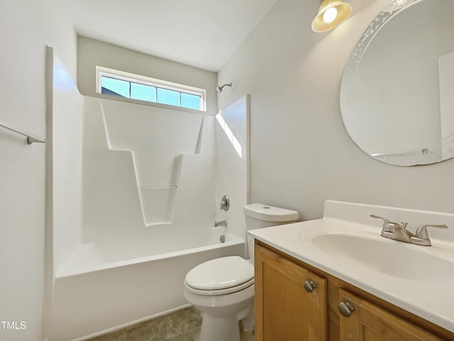 full bathroom featuring washtub / shower combination, vanity, and toilet