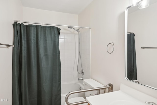 full bathroom featuring vanity, toilet, and shower / bathtub combination with curtain