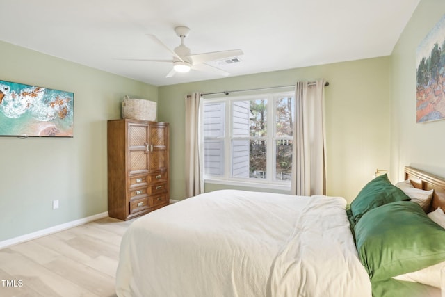 bedroom featuring ceiling fan and light wood-type flooring