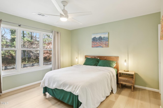 bedroom featuring ceiling fan and light hardwood / wood-style floors