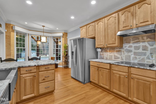 kitchen featuring black electric stovetop, crown molding, light hardwood / wood-style flooring, stainless steel fridge, and light stone countertops