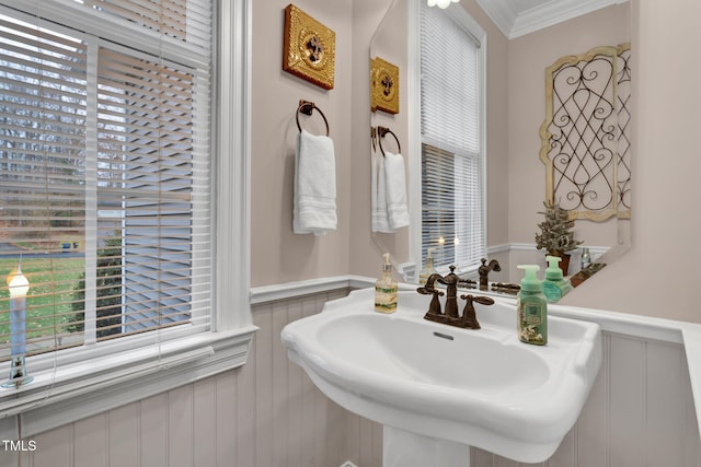 bathroom featuring ornamental molding, a healthy amount of sunlight, and sink