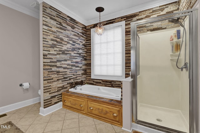 bathroom featuring separate shower and tub, crown molding, and tile patterned flooring