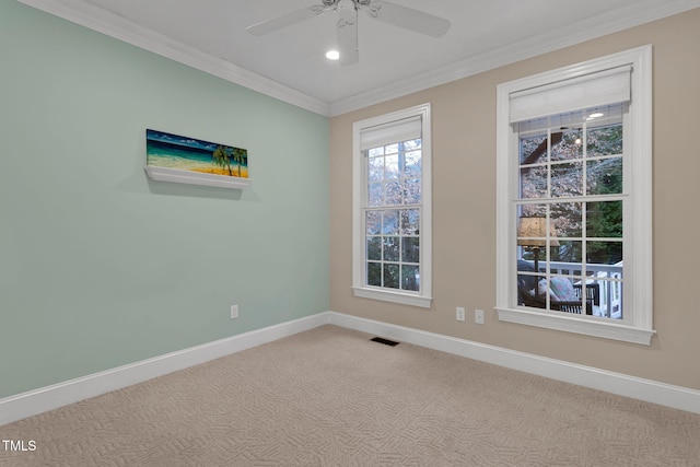 carpeted spare room with ceiling fan and crown molding