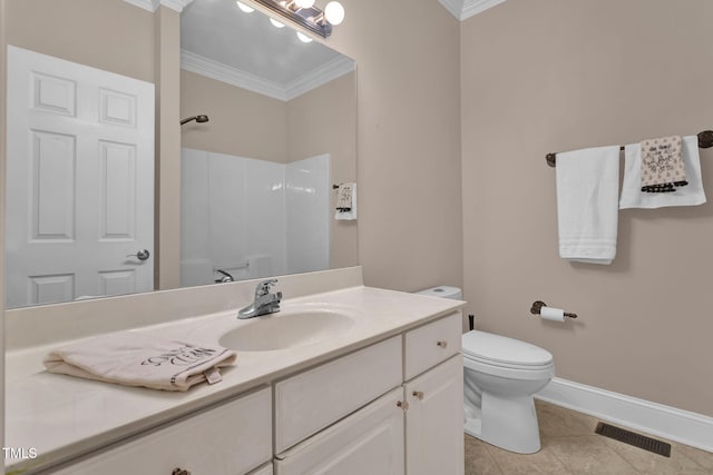 bathroom featuring walk in shower, ornamental molding, vanity, tile patterned flooring, and toilet