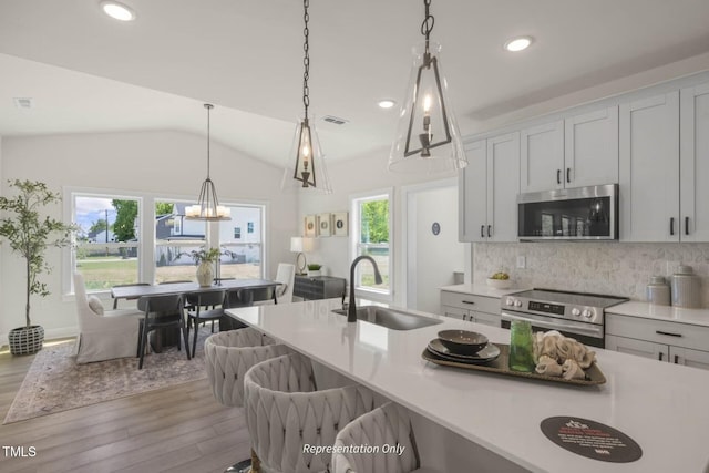 kitchen with light hardwood / wood-style floors, a healthy amount of sunlight, sink, and appliances with stainless steel finishes