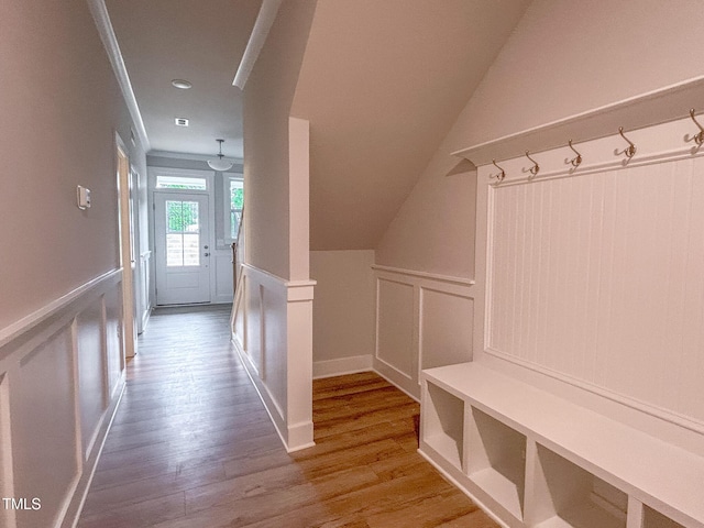 207 Pond View Ct Unit 3, Fuquay Varina, NC 27526 - mudroom with a decorative wall, wood finished floors, wainscoting, and crown molding
