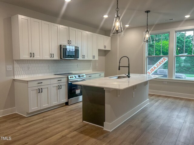 207 Pond View Ct Unit 3, Fuquay Varina, NC 27526 - kitchen with stainless steel appliances, a sink, wood finished floors, white cabinetry, and recessed lighting